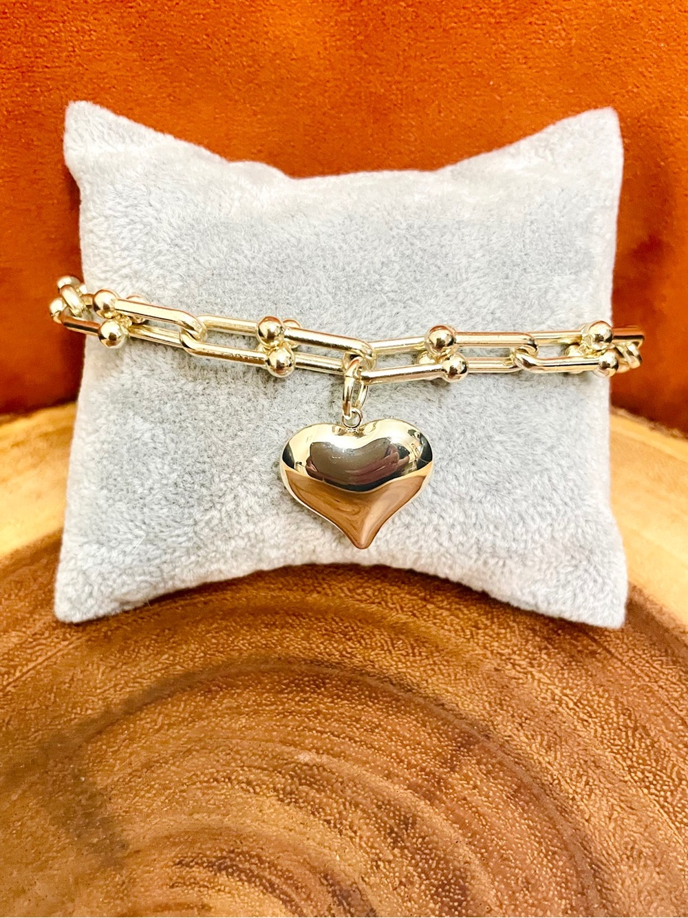 Designer Inspired Hardware Link Puff Heart Charm Bracelet Anklet Gold Plated NWO